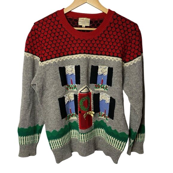 VTG Susan Bristol Wool Christmas Cottage Sweater L 90s Hand Embroidered Ugly 3D - Picture 1 of 8